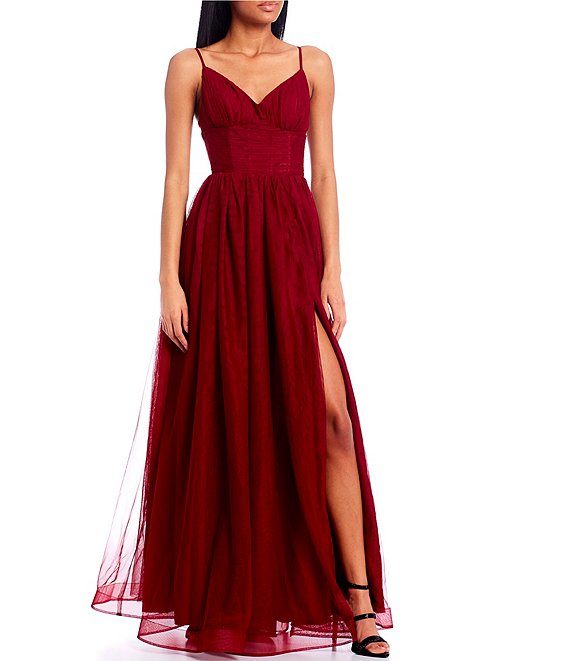 Color:Wine - Image 1 - Illusion Mesh Corset Bodice Ball Gown