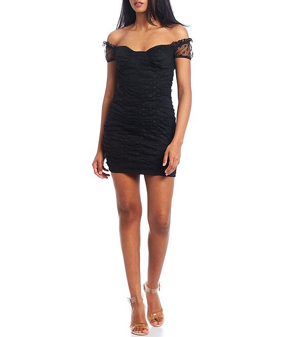 Color:Black - Image 1 - Off-The-Shoulder Flocked Dot Mesh Ruched Dress