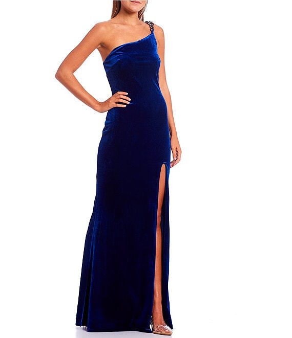 Color:Royal Blue - Image 1 - One Shoulder Rhinestone Chain Trim Front Slit Dress