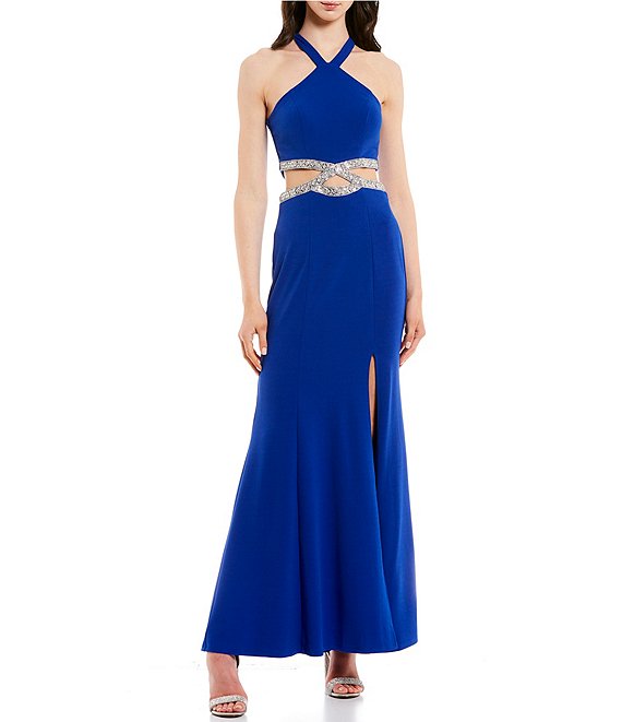 Color:Cobalt - Image 1 - Sleeveless Y-Neck Embellished Infinity Cutout ITY Long Slit Hem Dress