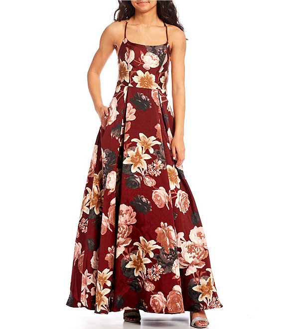Color:Maroon/Blush - Image 1 - Spaghetti Strap Square Neck Lace-Up Back Floral Mikado Box Pleated Ball Gown