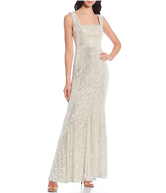 Color:Ivory/Silver - Image 1 - Square Neck Sequin Gown
