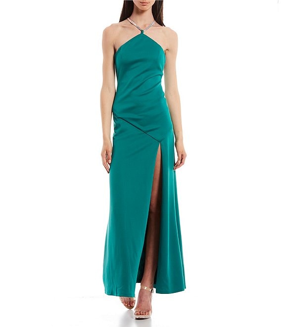 Color:Green Tea - Image 1 - Y Embellished Neckline Strappy Back Slit Hem Scuba Crepe Long Dress