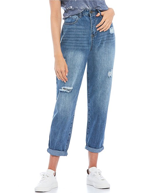 Color:Handsand Rips - Image 1 - High Rise Destructed Rolled Cuff Jeans