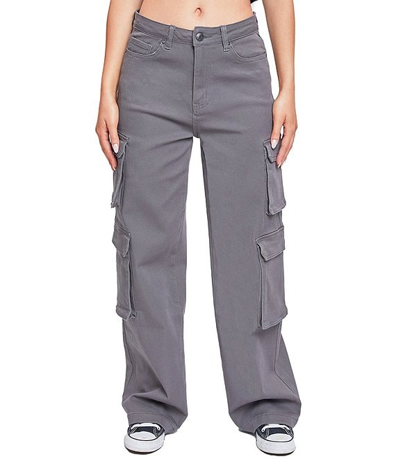 Color:Charcoal - Image 1 - High Rise Double Cargo Pocket Denim Pants