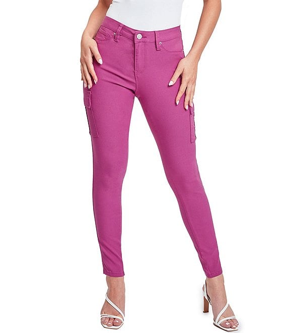 Color:Berry Rose - Image 1 - Mid Rise Hyperstretch Skinny Cargo Jeans