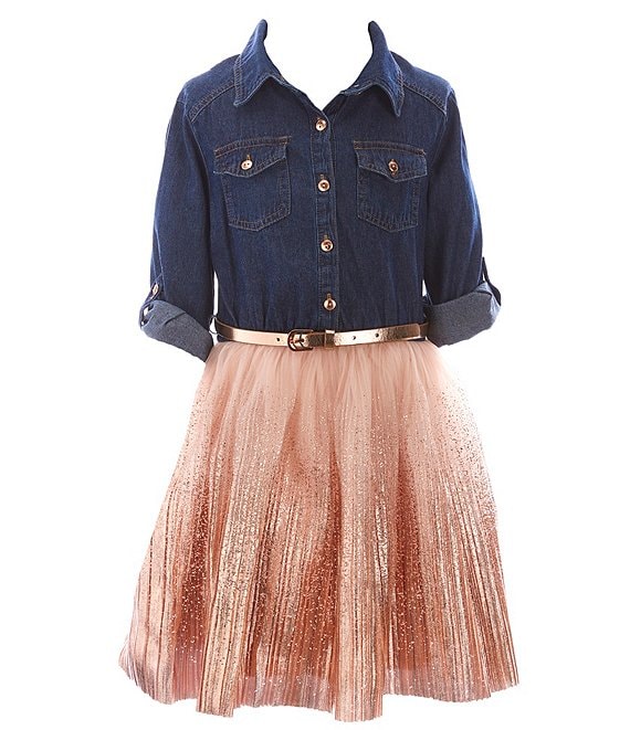 Girls Casual Collared Long Sleeve Denim Jacket With Tulle