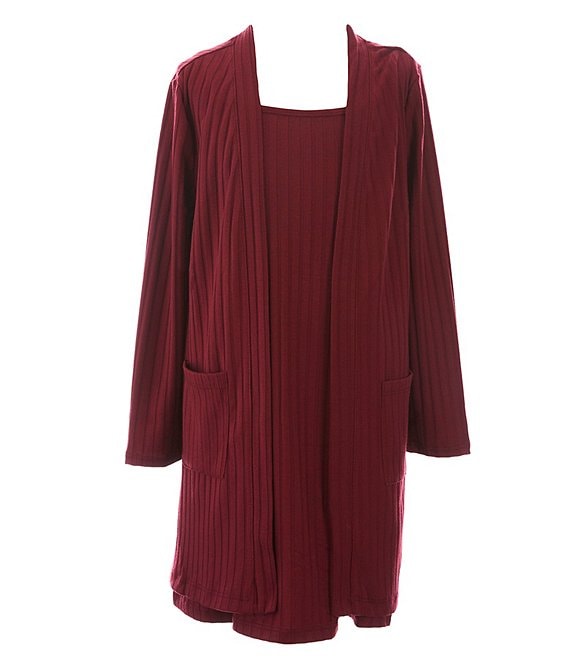 Color:Burgundy - Image 1 - Big Girls 7-16 Long-Sleeve Chunky-Rib-Knit Cardigan & Matching Sleeveless Slip Dress Set