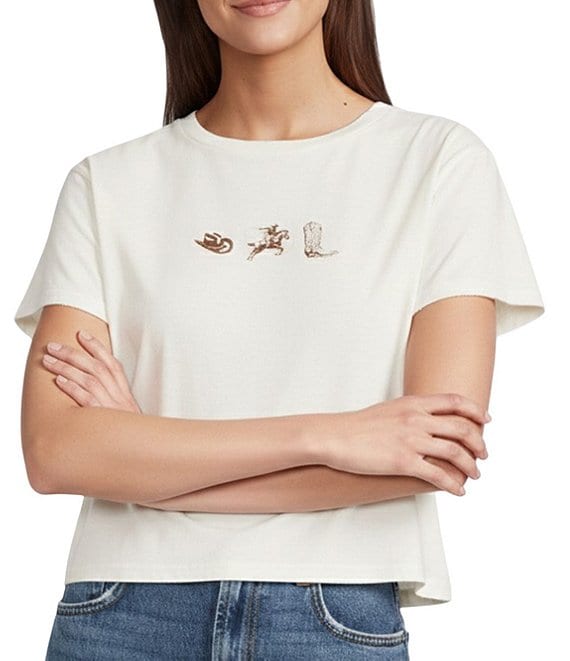 Zutter Western Knit Crew Neck Short Sleeve Cropped Tee, White - Image 1