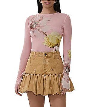 AFRM Kaylee Mesh Lace Plaid Print Crew Neck Long Sleeve Top