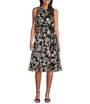 Alex Evenings Petite Size Sleeveless Crew Neck Tie Waist Floral Embroidered Tulle Midi Dress Dillard s