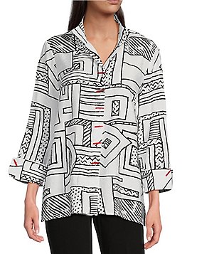 Ali Miles Crinkle Stripe Y Neckline Cuffed 3/4 Sleeve Top