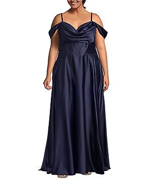 B. Darlin Plus Spaghetti Strap V-Neck Dull Charmeuse Long Gown