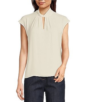 Calvin Klein Solid Rayon Point Collar Long Sleeve Faux Wrap Top | Dillard\'s