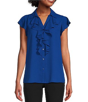 Striped Calvin Shirt Collar Print Button | Dillard\'s Klein Sleeve Front Point Maxi Cap Dress Novelty Pocket