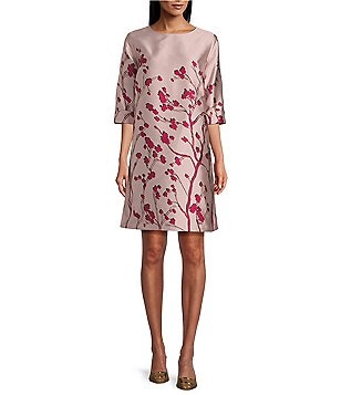 Caroline Rose Cherry Blossom Print Satin Jacquard Notch