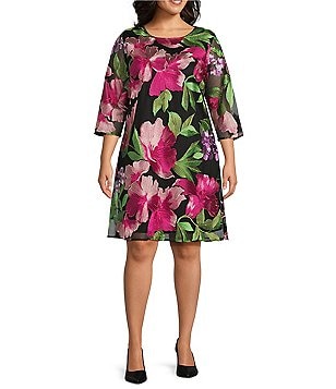 Caroline Rose Plus Size Abundant Blooms Embroidered Mesh 3/4