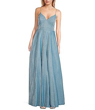 City Vibe Spaghetti Strap Square Neck Lace Waist Inset Sherri Shine Shimmer  Pleated Ball Gown