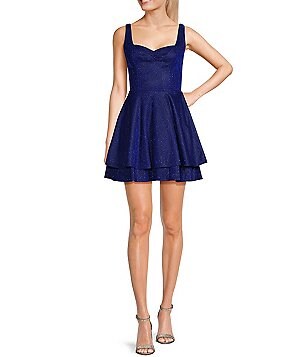 City Vibe Sweetheart Neck Double Hem Fit-And-Flare Glitter Dress 