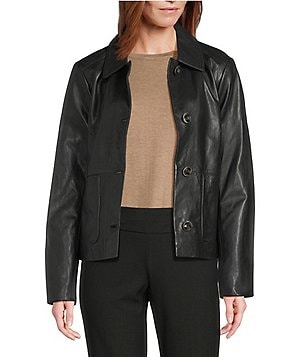 Cole Haan Leather Stand Collar Long Sleeves Hand Stitch Zip Front