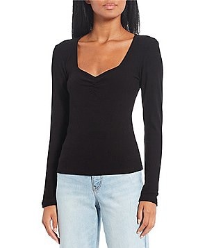 Long-Sleeve Cinched-Front Rib-Knit T-Shirt for Women