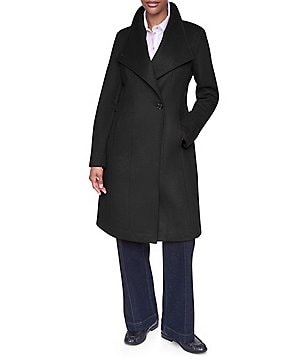 DKNY Petite Size Wool Blend Asymmetrical Neck Trim Button Front