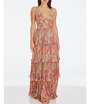 Dress the Population Sidney 3D Floral Plunging V-Neck Sleeveless Maxi Dress  | Dillard's