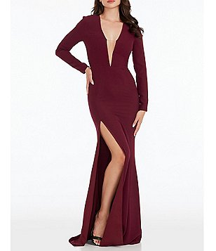 Dress the Population Iris Crepe Plunge V-Neck Thigh High Slit