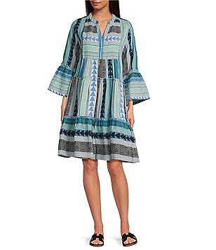 ELAN Arrow Print Split V-Neck 3/4 Bell Sleeve Babydoll Dress
