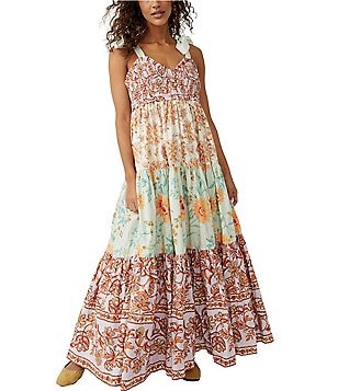 Free People Bluebell Floral Print V-Neck Sleeveless Bow Tie Strap Midi  Dress