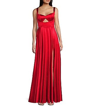 Honey and Rosie Emma Bodice Side Slit Satin Long Dress