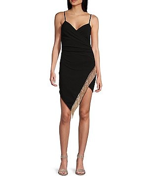 Honey and Rosie Spaghetti-Strap Surplice V-Neck Faux-Wrap Ruched Side  Sheath Dress