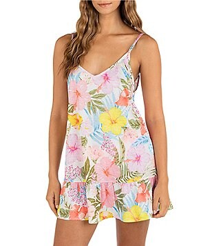 Hurley Sunset District Floral Print Scoop Neck Sleeveless Swing Tank Top &  Side Slit Wide Pant Swim Cover-Up