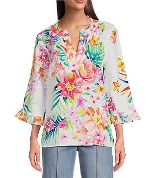 John Mark Petite Size Woven Mixed Print Scoop Neck 3/4
