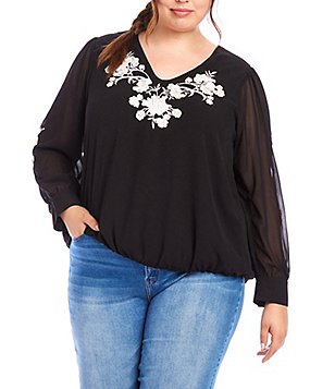 Karen Kane Plus Size Silky Crepe Collared Long Sleeve Blouse