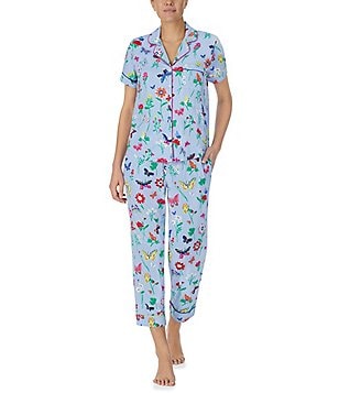 Carole Hochman Petite Size Rose Print 3/4 Sleeve Notch Collar Coordinating  Jersey Knit Pajama Set