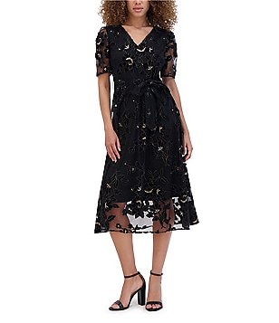 Kensie V Neck Ruffle Shoulder Embroidered Lace A Line Midi Dress Dillard s