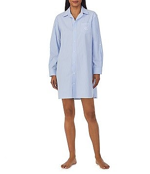 Lauren Ralph Lauren Classic Notch Collar 3/4 Sleeve Striped Cotton  Nightshirt