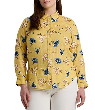 Lauren Ralph Lauren Plus Size Linen Floral Print Point Collar Short Cuffed  Sleeve Button Front Shirt | Dillard's