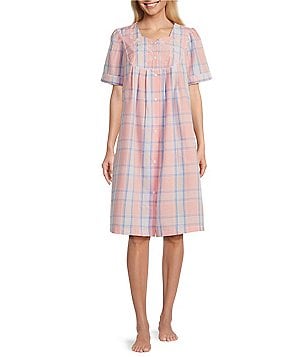 Miss Elaine Seersucker Short Checked Zip-Front Robe | Dillard's