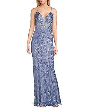 Next Up Printed Sequined Split V-Neck Spaghetti Strap Dress