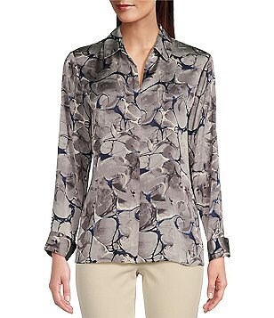 NIC + ZOE Woven Misty Ikat Print Point Collar Long Sleeve Shirt