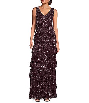 Pisarro Nights Petite Size Beaded Mesh Illusion Crew Neck 3 4 Sheer Sleeve Godet Gown Dillard s