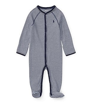 Solid Letter Print Polo Collar Footed/footie Long-sleeve Navy Baby Jumpsuit