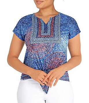 Ruby Rd. Tropical Tie Dye Print Short Flutter Sleeve Knit Top 