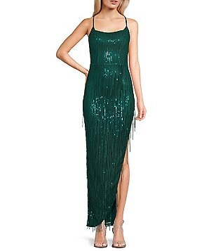 City Vibe Spaghetti Strap V-Neck Sequin Fringe Long Dress