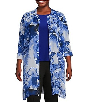 Slim Factor by Investments Floral Placement Print Long Sleeve Point Collar  Button Front Duster