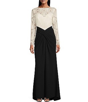 Tadashi Shoji Long Sleeve Boat Neck Sequin Lace Ruched Gown 