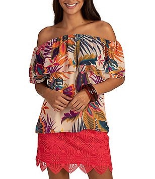 Trina Turk Global Silk Floral Placed Print Boat Neck Short Dolman