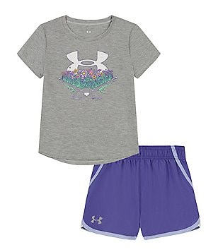 Under Armour Little Girls 2T-6X Short Sleeve Logo Graphic T-Shirt &  Ditsy-Floral-Printed Shorts Set